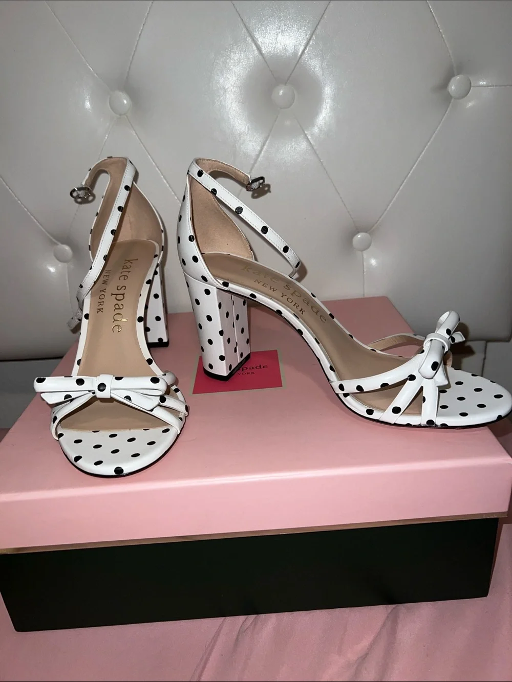 kate spade White with Black Polka Dot Bow Ankle-Strap Heels - Picture 7 of 8